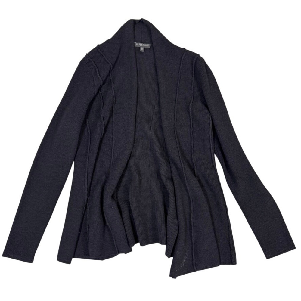 Eileen Fisher Petite Black Ribbed Open Front Cardigan Italian Yarn Wool PM
